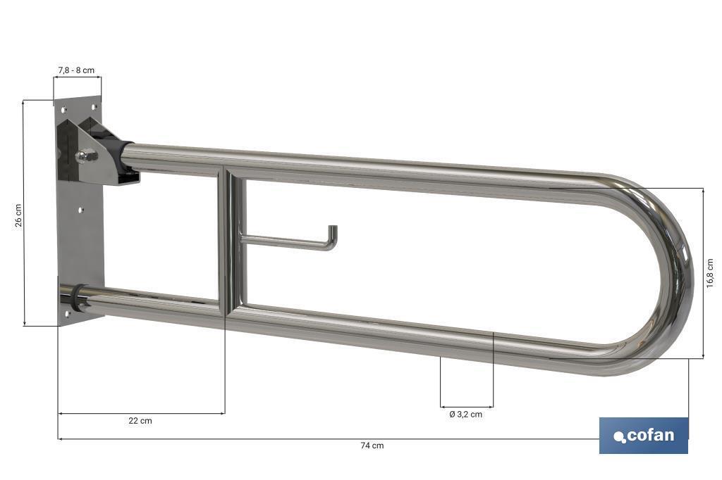 Barra de Apoyo Abatible Vertical con Accesorio para Papel Higiénico | Medida: 74 cm de largo y 3,2 cm de diámetro - Cofan
